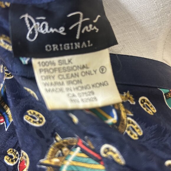 Diane Freis Womens Vintage Long Sleeves Silk dress Printed Deep Blue Size Medium - Picture 2 of 9